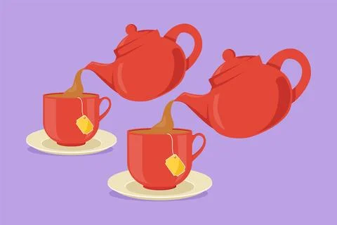 Graphic flat design drawing teapot for tea drinking pours hot water into cu.. Illustration