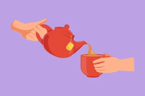 Graphic flat design drawing teapot pouring tea into cup. Woman pouring orga.. Illustrazione stock