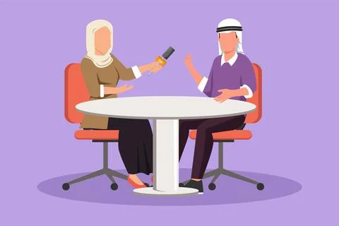 Graphic flat design drawing TV presenter Arab woman interviewing celebrity .. Stock Illustration
