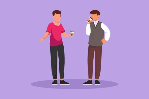 Graphic flat design drawing two men drinking coffee and stand in cafe, rela.. Illustrazione stock
