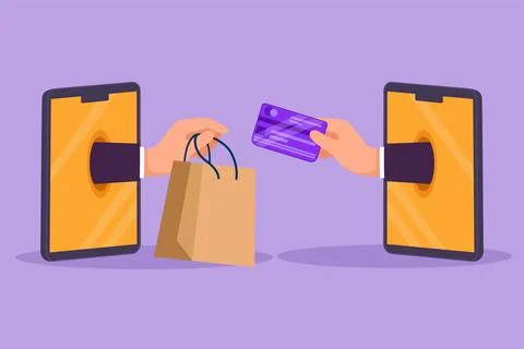 Graphic flat design drawing two hands out of smartphone screen to exchange .. Stock Illustration