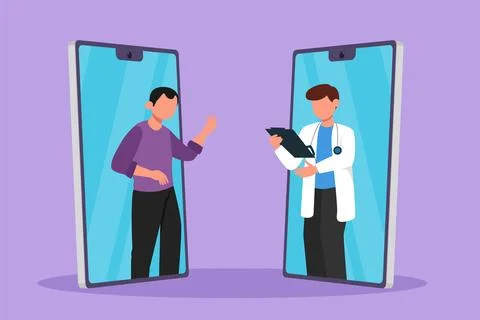 Graphic flat design drawing two smartphone face to face contain young man p.. Stock Illustration