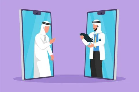 Graphic flat design drawing two smartphone face to face contain Arabian man.. Stock Illustration