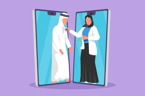 Graphic flat design drawing two smartphone facing each other with Arab fema.. Stock-Illustration