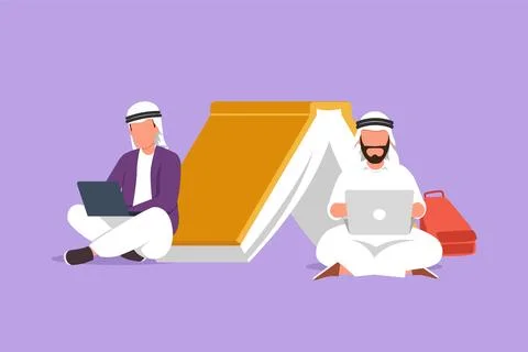 Graphic flat design drawing two Arab man studying with laptop and leaning o.. Stock Illustration