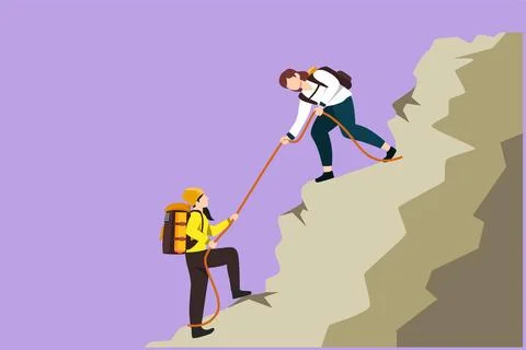 Graphic flat design drawing two women hikers climbing up mountain and helpi.. Stock-Illustration