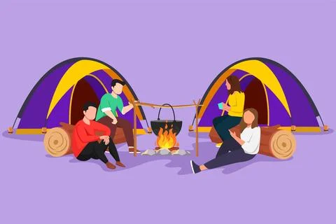 Graphic flat design drawing two pair man woman hikers sitting on log cookin.. イラスト素材