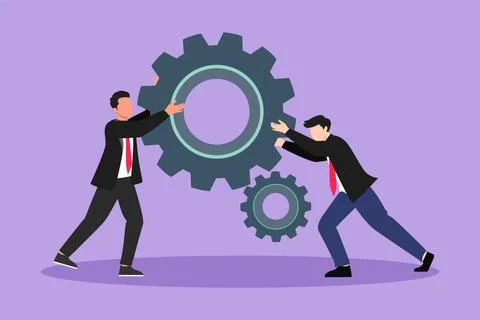 Graphic flat design drawing of two businessmen help each other pushing big .. Stock Illustration