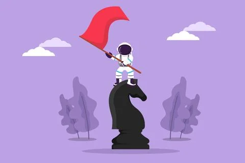 Graphic flat design drawing young astronaut standing on top of big horse kn.. Ilustração Stock