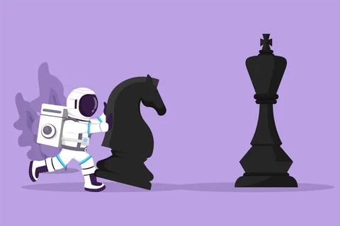 Graphic flat design drawing young astronaut push huge knight horse chess pi.. Stock Illustration