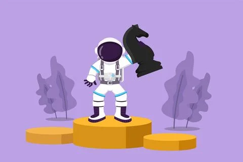 Graphic flat design drawing of young astronaut holding and lifting knight h.. Stock Illustration
