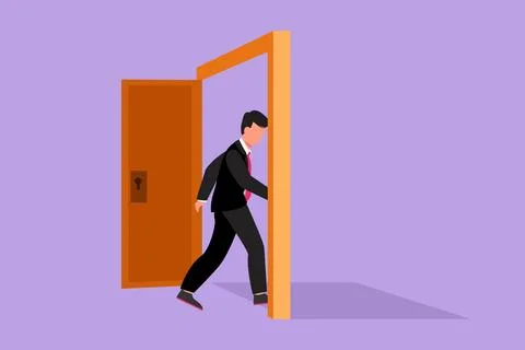 Graphic flat design drawing of young businessman enters the room through th.. Ilustración de archivo