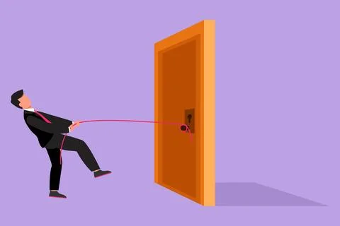 Graphic flat design drawing young businessman pulling door with rope, metap.. Stock Illustration