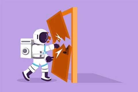 Graphic flat design drawing young astronaut punching and destroying door in.. Stockillustratie