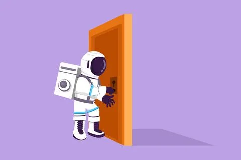 Graphic flat design drawing young astronaut holding a door knob. Entering r.. Stock Illustration