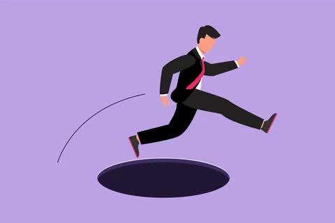 Graphic flat design drawing of young businessman jumping through hole, meta.. Illustrazione stock