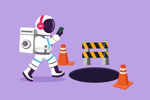 Graphic flat design drawing of young astronaut listen music with headphone .. Ilustración de archivo