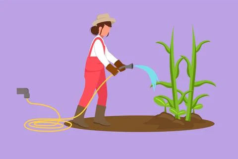 Graphic flat design drawing young woman gardener in overalls and boots wate.. 스톡 일러스트
