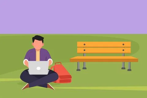 Graphic flat design drawing of young businessman using laptop computer sitt.. Stock Illustration