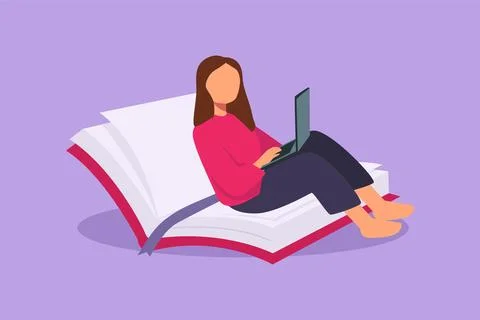 Graphic flat design drawing young female with laptop sitting on open big bo.. Stock Illustration