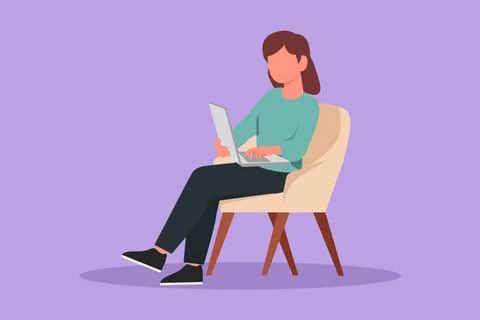 Graphic flat design drawing young female character working on a laptop from.. Stock Illustration