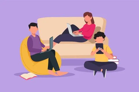 Graphic flat design drawing young man woman using laptop and smartphone or .. Ilustración de archivo