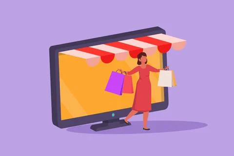 Graphic flat design drawing young woman coming out of monitor screen holdin.. Ilustração Stock