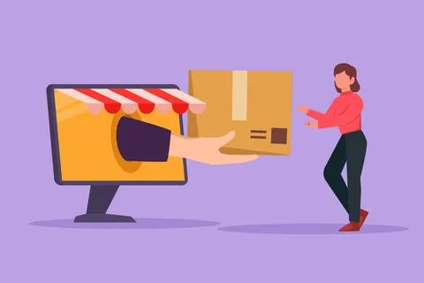 Graphic flat design drawing young woman receives package box from big hand .. Stock Illustration