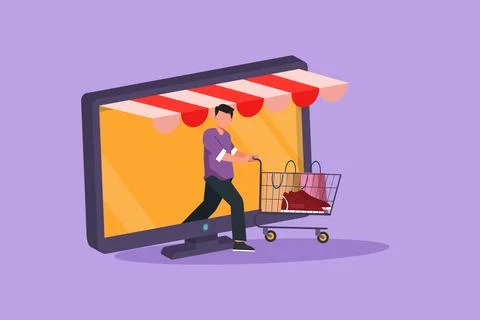 Graphic flat design drawing young man coming out of monitor screen pushing .. Stock-Illustration