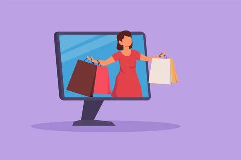 Graphic flat design drawing young woman coming out of monitor computer scre.. Stock Illustration