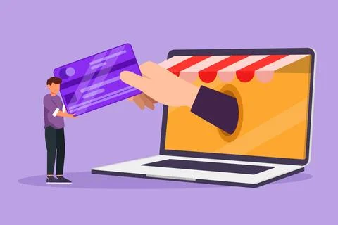 Graphic flat design drawing young man inserting credit card into large cano.. Stock Illustration