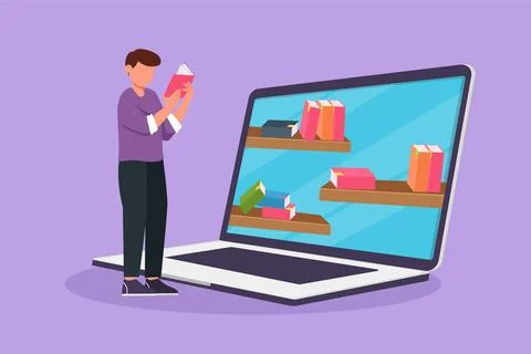 Graphic flat design drawing young male college student reading book while s.. Ilustración de archivo