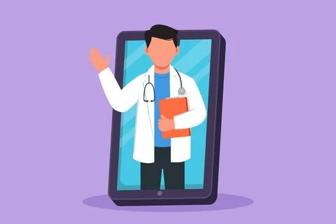 Graphic flat design drawing young male doctor comes out of smartphone scree.. Stock Illustration