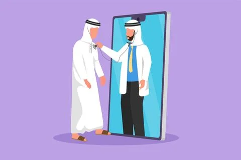 Graphic flat design drawing young Arab male doctor comes out of smartphone .. Stock Illustration