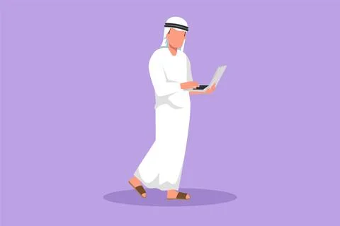 Graphic flat design drawing young Arab businessman standing and using lapto.. Stock Illustration