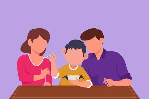 Graphic flat design drawing of young family having breakfast together with .. Stock Illustration
