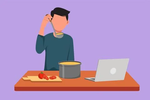 Graphic flat design drawing young man mixing tomato sauce, tasting, and rel.. イラスト素材