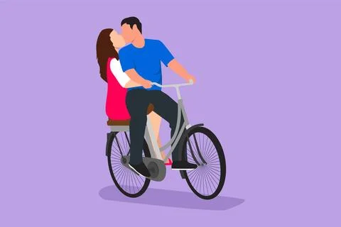 Graphic flat design drawing young loving couple cycling and kissing each ot.. Stock-Illustration