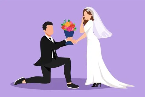 Graphic flat design drawing young man on knee give bouquet to woman wearing.. Stockillustratie