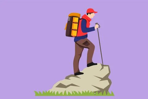 Graphic flat design drawing young hiker with backpack on top of mountain lo.. Stock Illustration