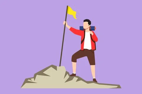 Graphic flat design drawing of young backpacker man traveler or explorer st.. 스톡 일러스트