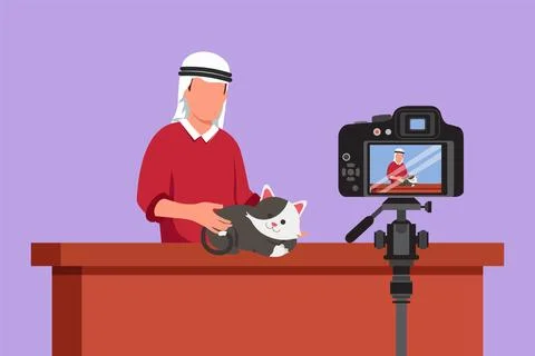 Graphic flat design drawing young Arab teenage man pet blogger. Arabian boy.. Stock Illustration