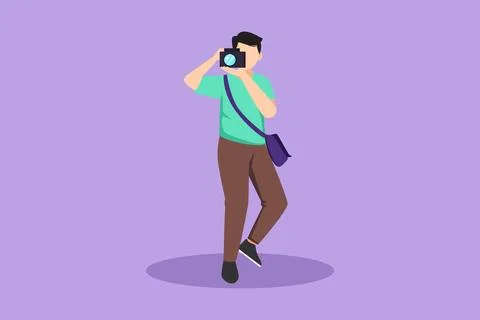 Graphic flat design drawing young active man with camera and sling bag taki.. Stock Illustration