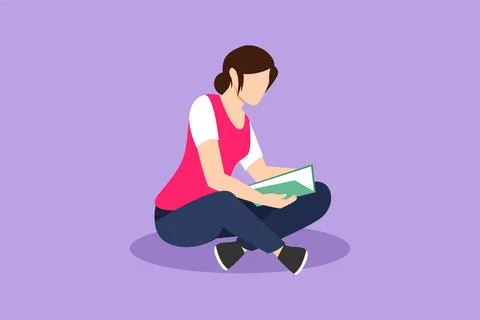 Graphic flat design drawing young pretty female sitting on floor and readin.. Stock Illustration