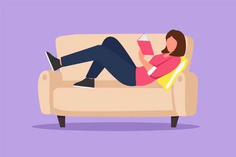 Graphic flat design drawing young beautiful woman laying on sofa and readin.. Stock Illustration
