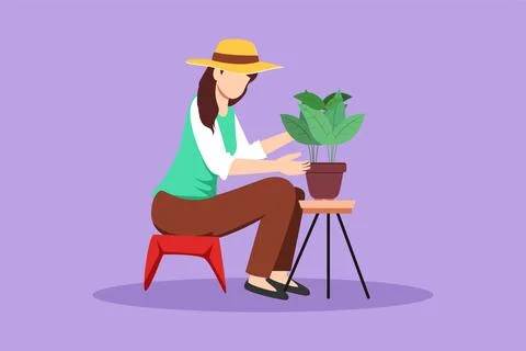 Graphic flat design drawing young beautiful woman sitting and planting gard.. Stock-Illustration