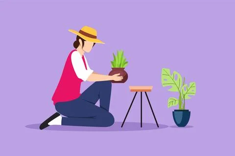 Graphic flat design drawing young beautiful woman worker kneeling, potted p.. Stock Illustration