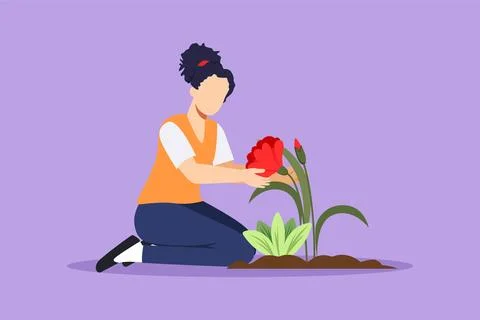 Graphic flat design drawing young woman plant flowers at ground. Cute girl .. Stock Illustration