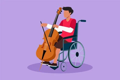 Graphic flat design drawing young handsome man sitting in wheelchair plays .. Ilustração Stock