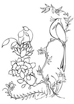 Graphic flowers with bird Stock Illustration